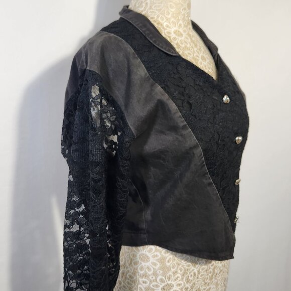 Banjo Dallas TX Women's Size Small Black Denim & Lace Long Sleeve Crop Top Goth - Picture 6 of 16